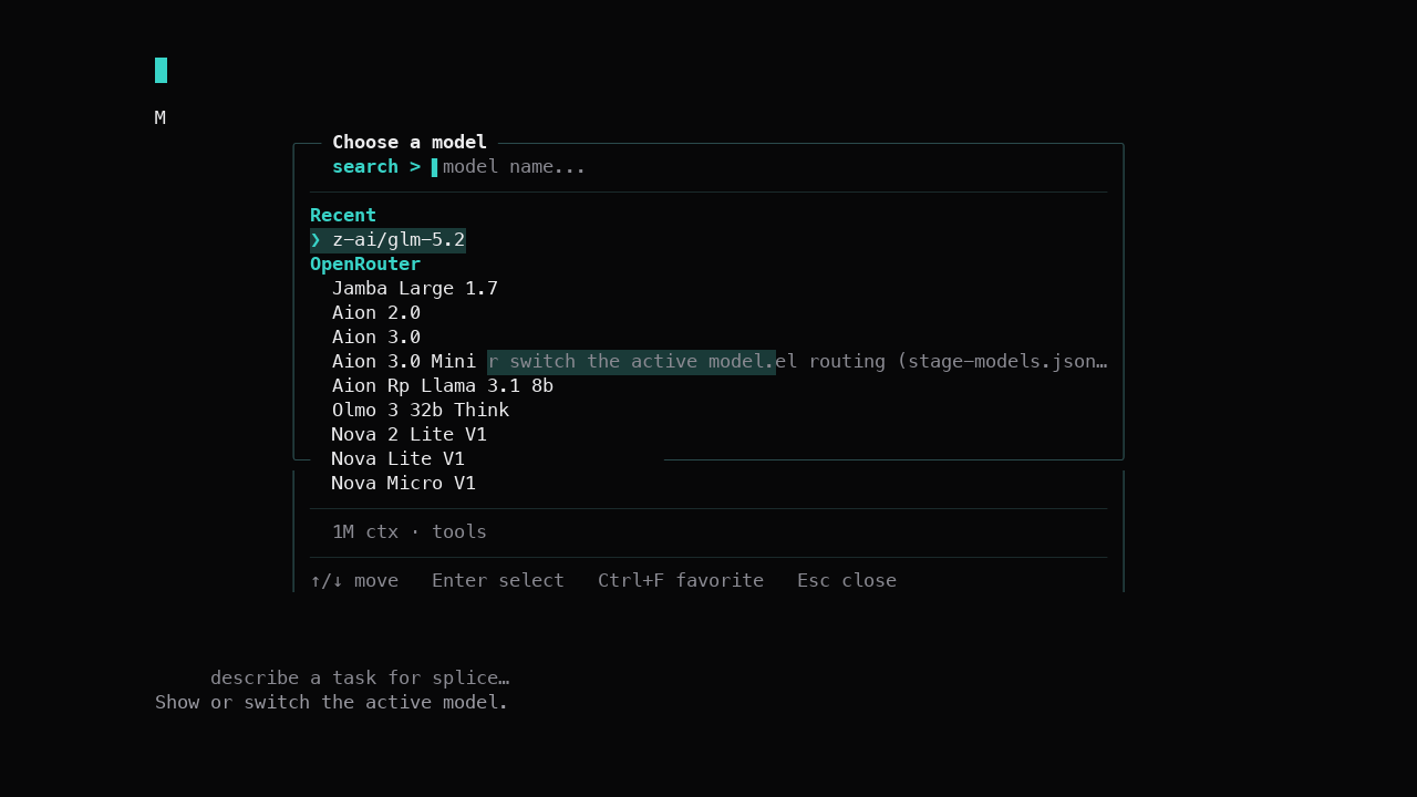 Searchable model picker across configured providers.