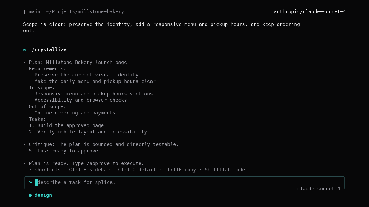 Splice workflow from design mode through plan approval and pipeline execution.